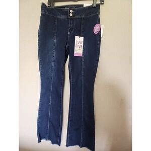 YMI Bootcut Jeans Size 5 Blue Denim Solid Pockets Low Rise Flat Front Raw Hem